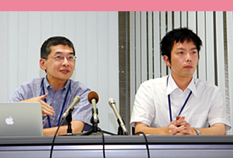 記者会見に臨む江藤教授と平田研究生